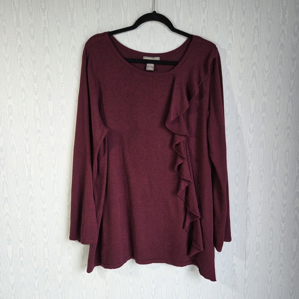 Kate & Mallory Sweater Womens 1X Cashmere‎ Blend Burgundy Bell Sleeve Ruffle